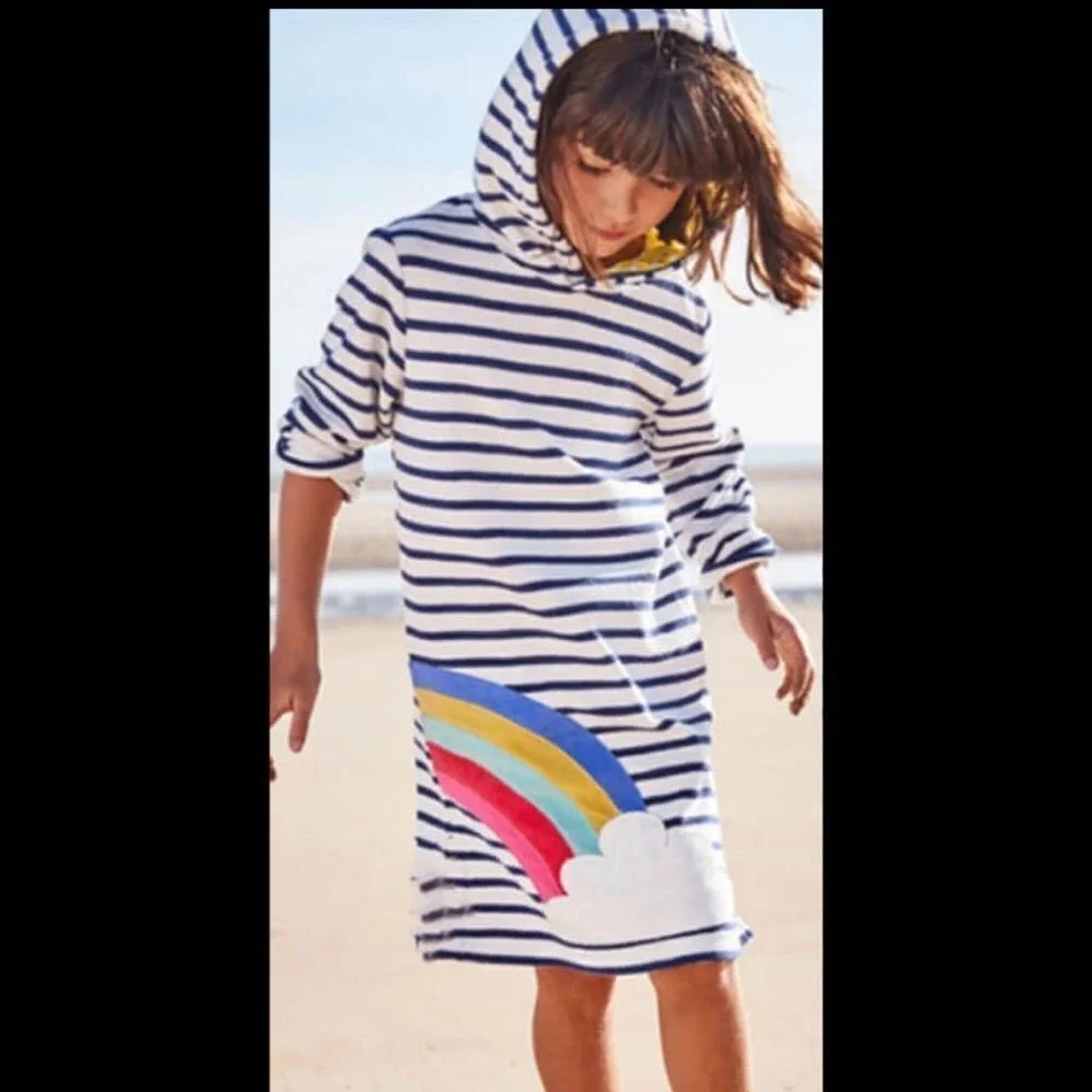 Mini Boden Kids Rainbow Stripe Hooded Toweling Beach Dress Size 6-7Y